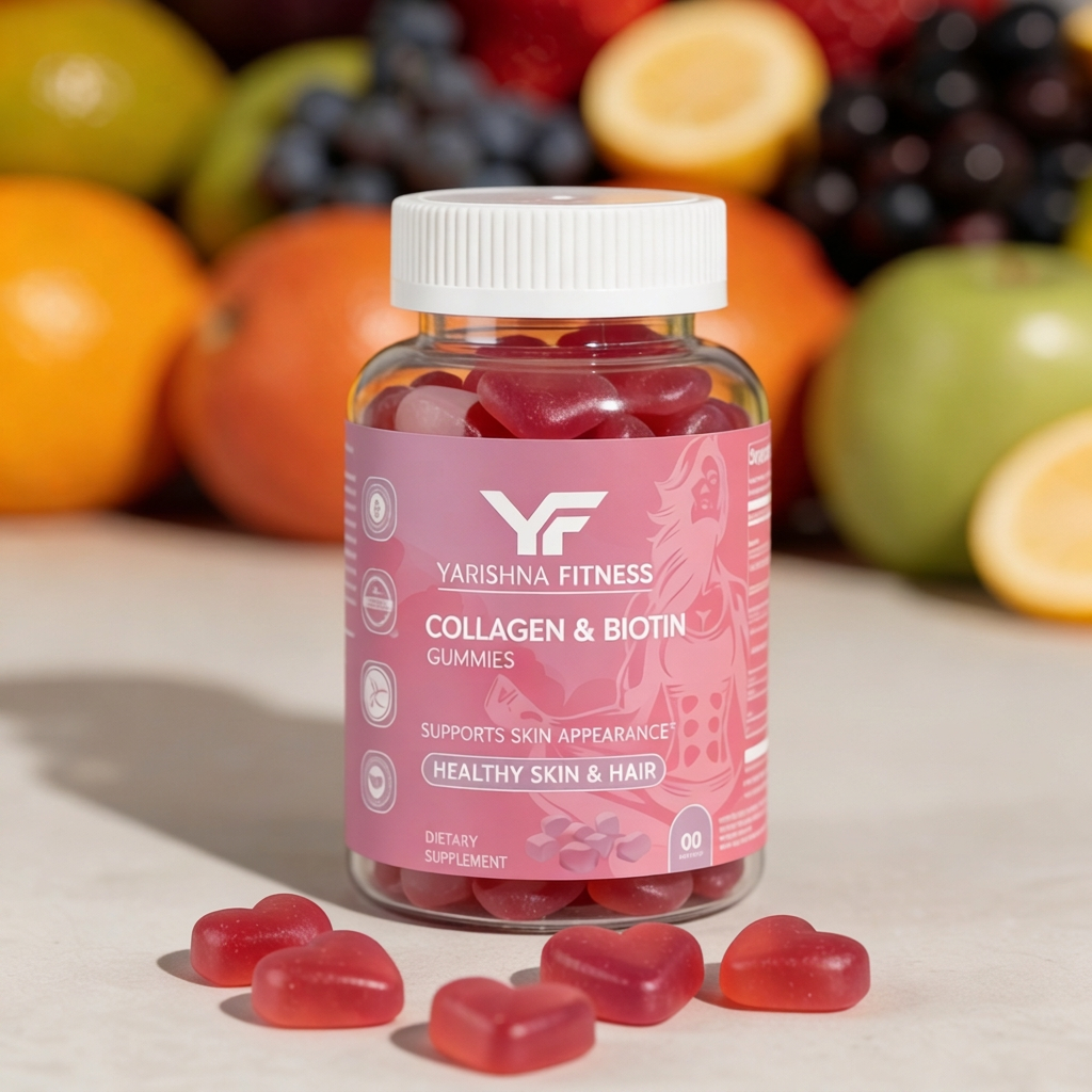 Yarishna Fitness Collagen and Biotin Gummies jar with gummies visible