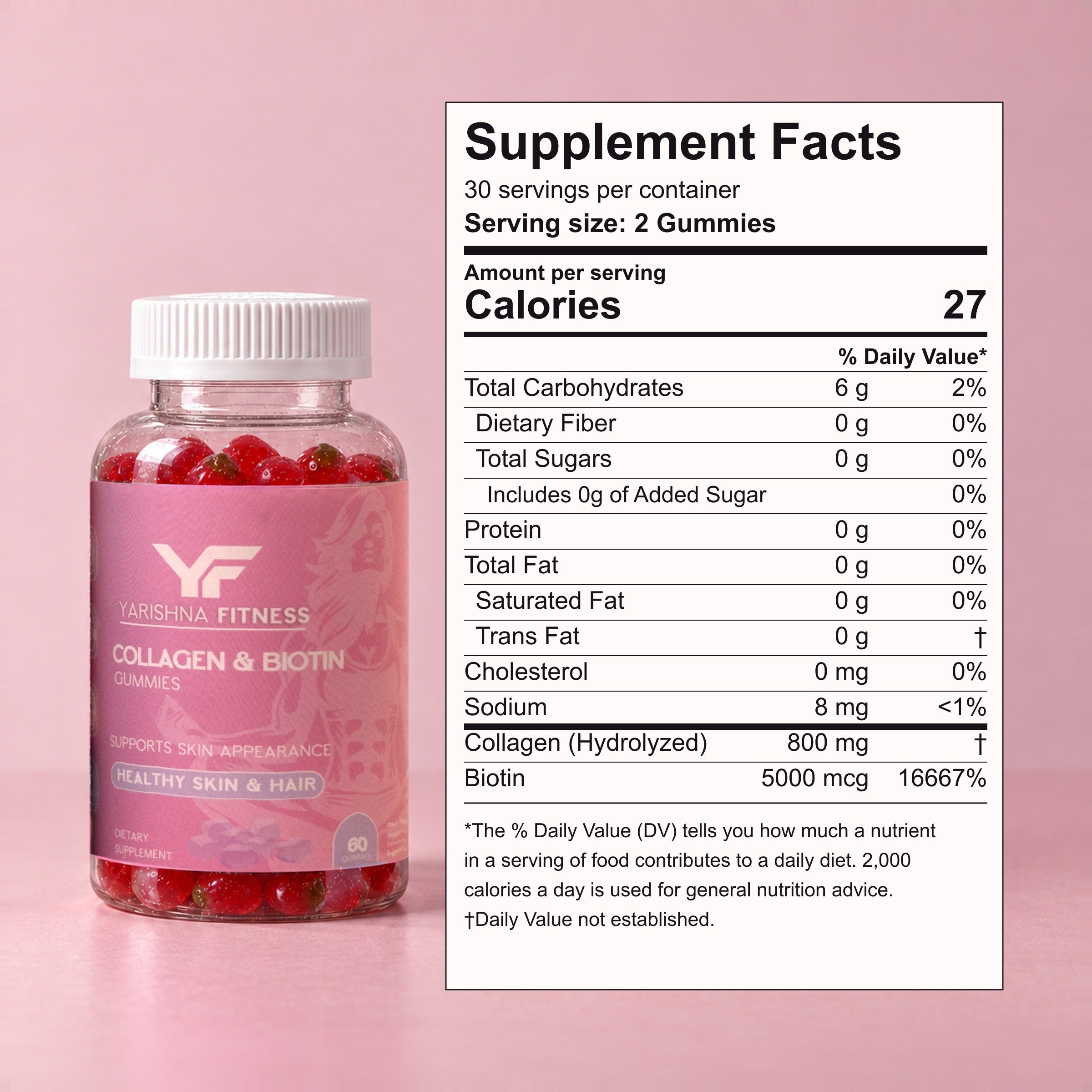 Collagen & Biotin Gummies supplement facts: 2 gummies per serving, 800 mg hydrolyzed collagen, 5000 mcg biotin, 0 g sugar