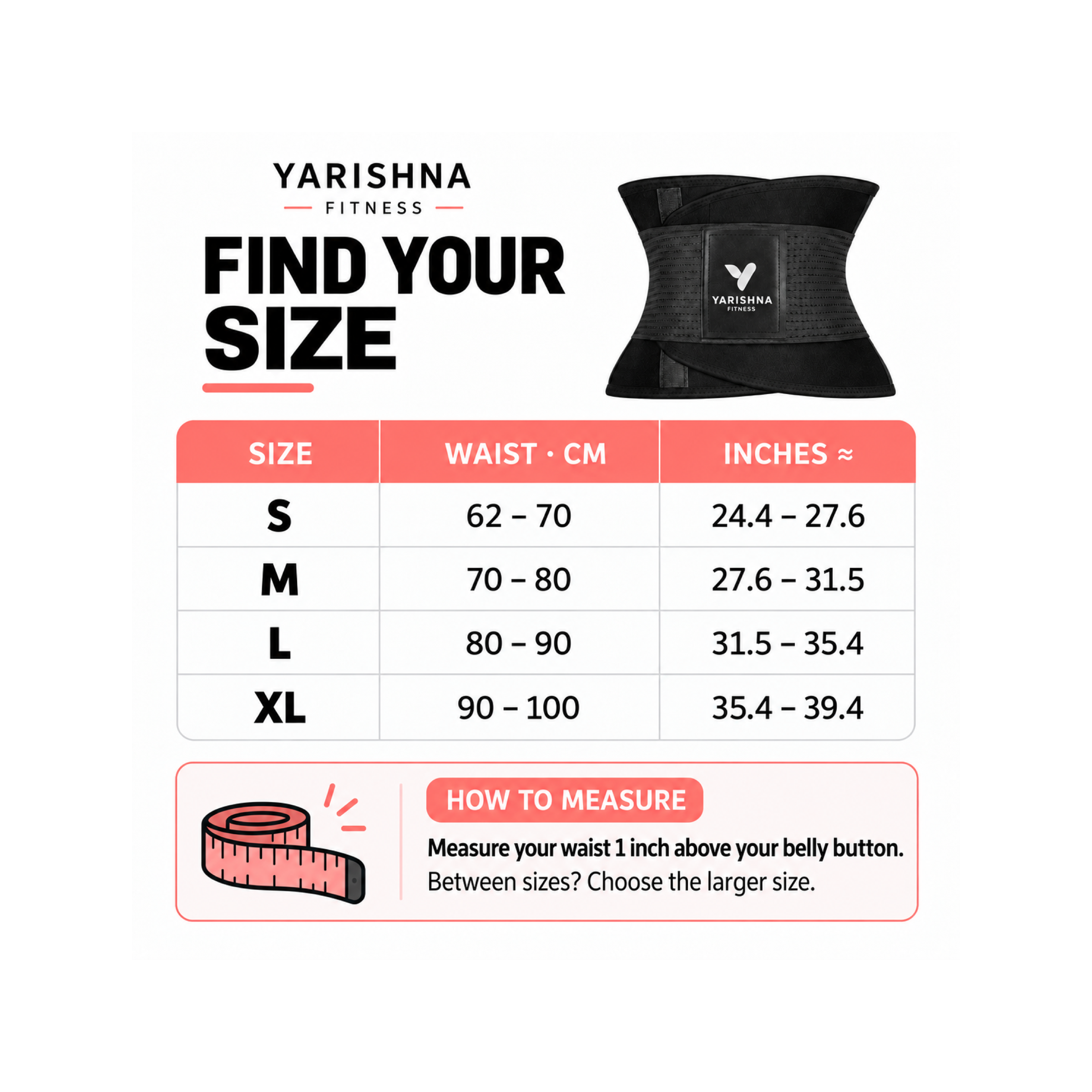 Yarishna Waist Trainer size chart: S 62–70 cm, M 70–80 cm, L 80–90 cm, XL 90–100 cm, with inches