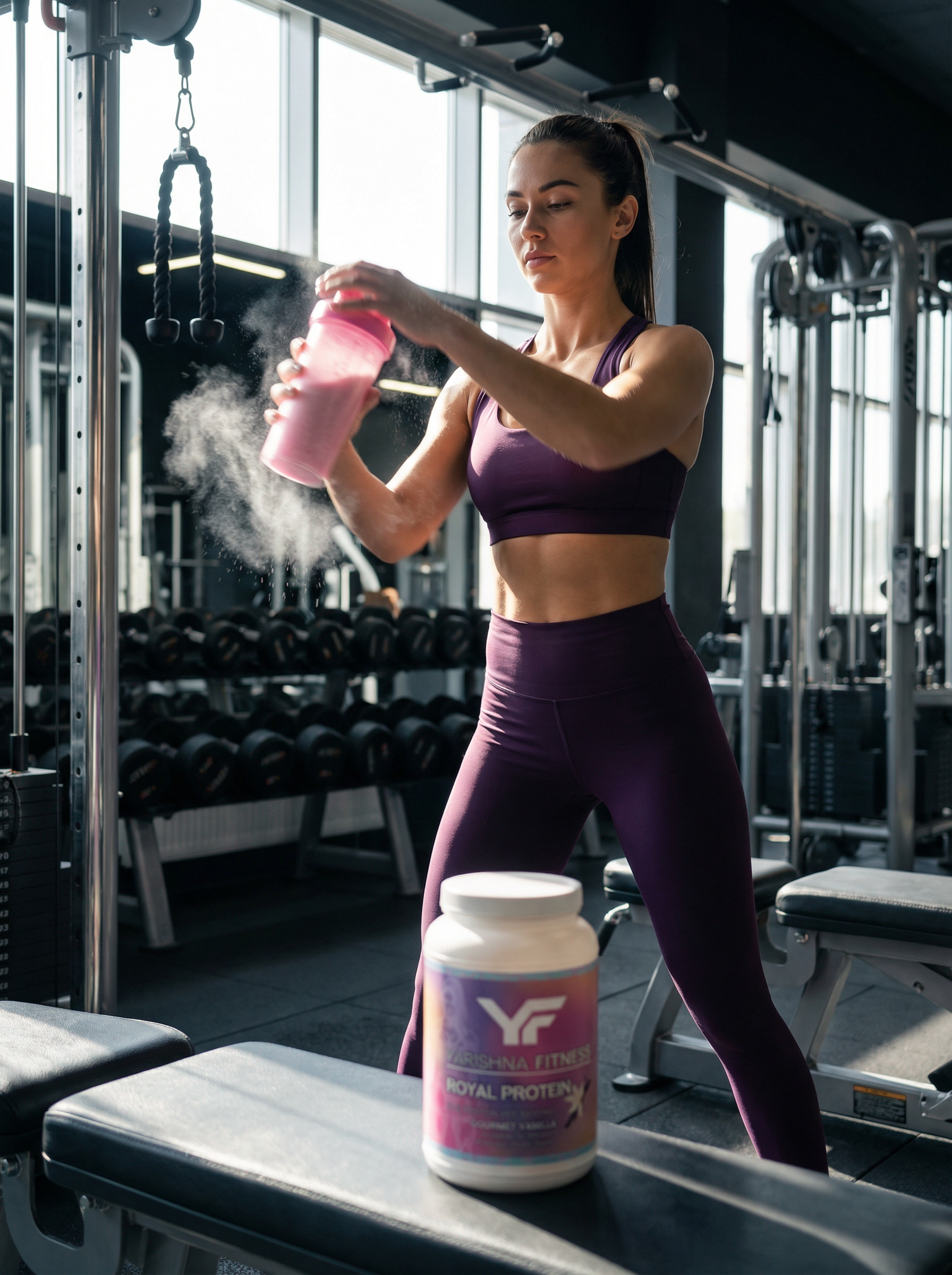 Athletic woman drinking Royal Protein whey protein shake in a lifestyle fitness setting