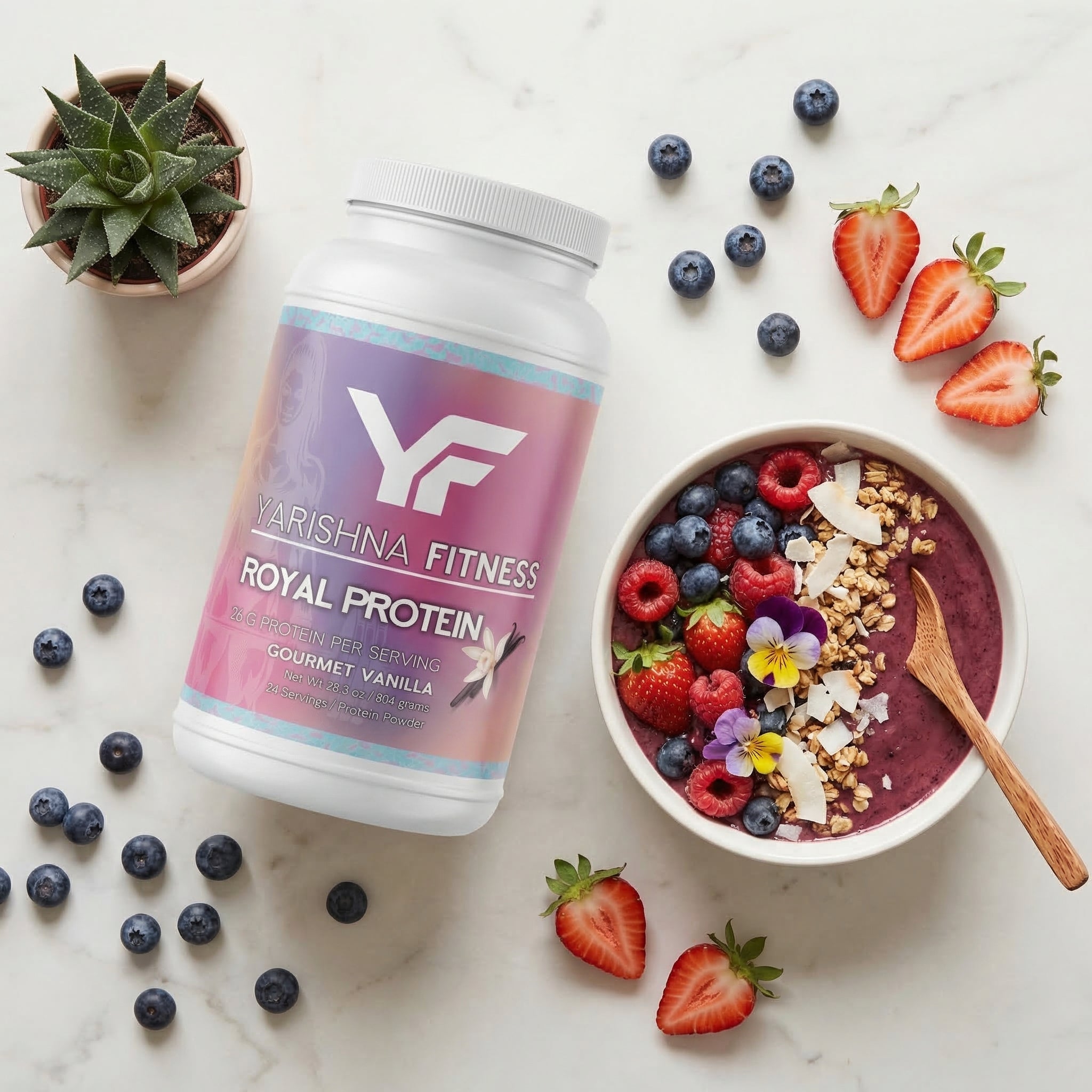 Royal Protein whey protein powder overhead flat lay product photography by Yarishna Fitness