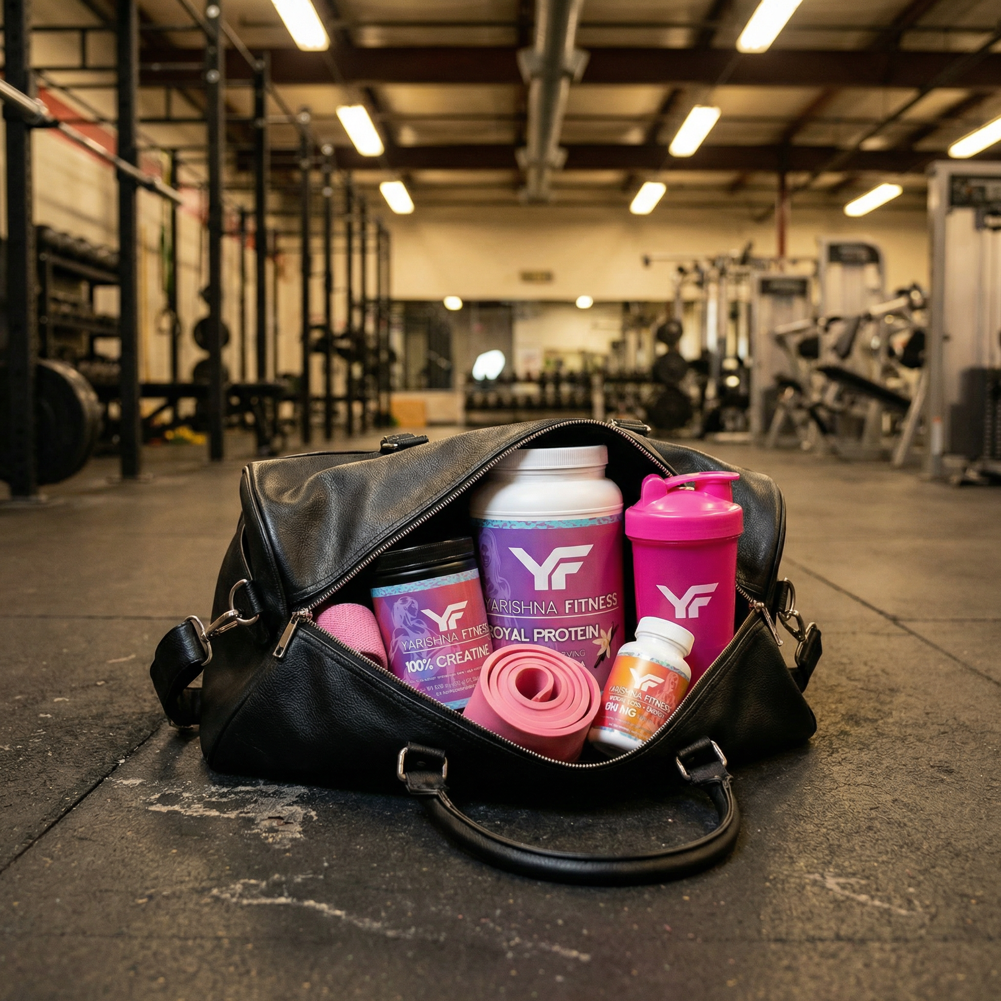 Yarishna Fitness Supplement Bundle products with gym bag — lifestyle product photography