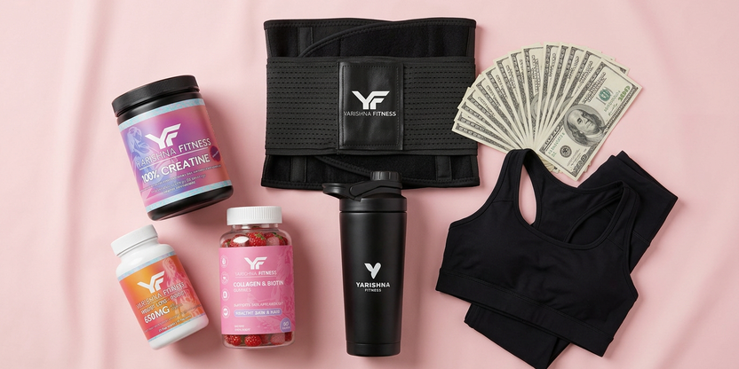 Level Up Challenge 1st place prize: cash, Yarishna Fitness supplements, waist trainer, shaker and apparel