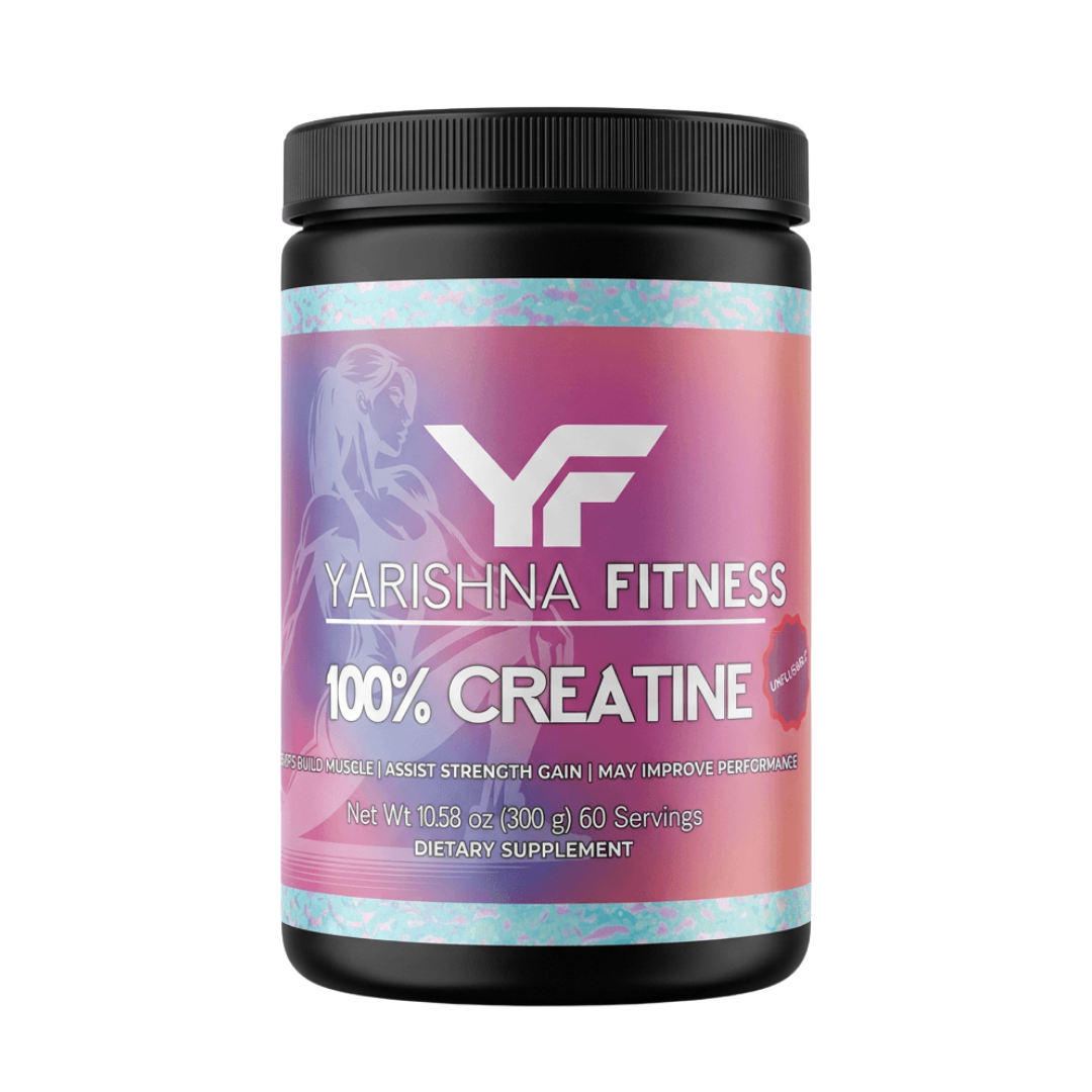 100% Creatine pure creatine powder bottle by Yarishna Fitness for women's strength and recovery