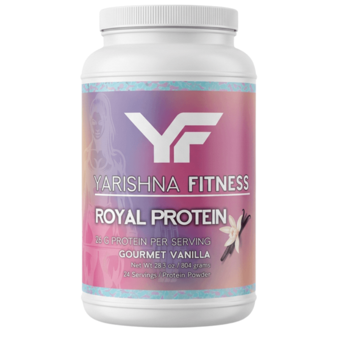 Royal Protein vanilla whey protein powder bottle by Yarishna Fitness for women's tonifying and recovery
