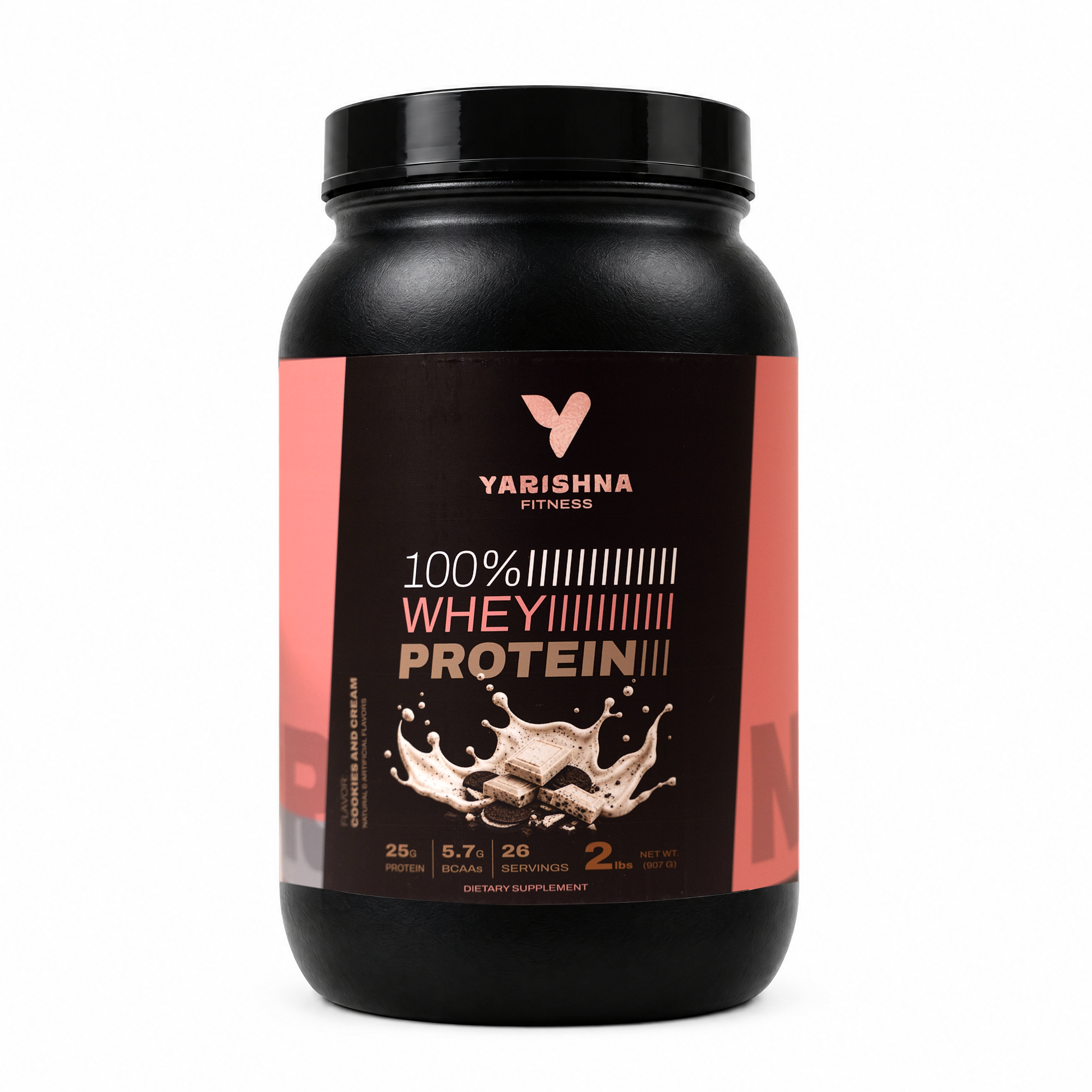 100% Whey Protein Cookies & Cream by Yarishna Fitness, 2 lb tub, front view