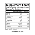 Supplement facts for 100% Whey Protein Cookies & Cream: 25 g protein, 140 calories, 26 servings