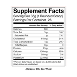 Supplement facts for 100% Whey Protein Cookies & Cream: 25 g protein, 140 calories, 26 servings