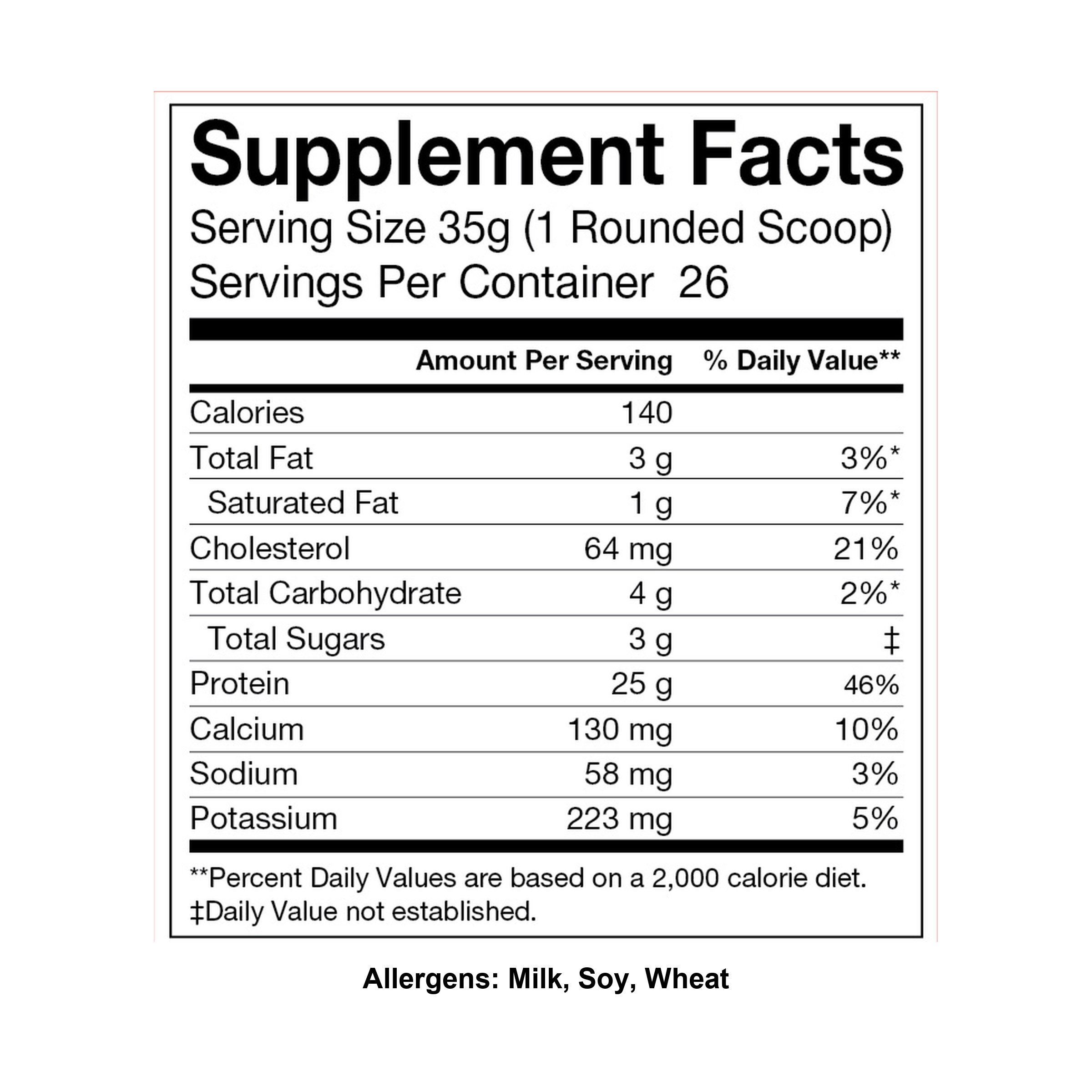 Supplement facts for 100% Whey Protein Cookies & Cream: 25 g protein, 140 calories, 26 servings