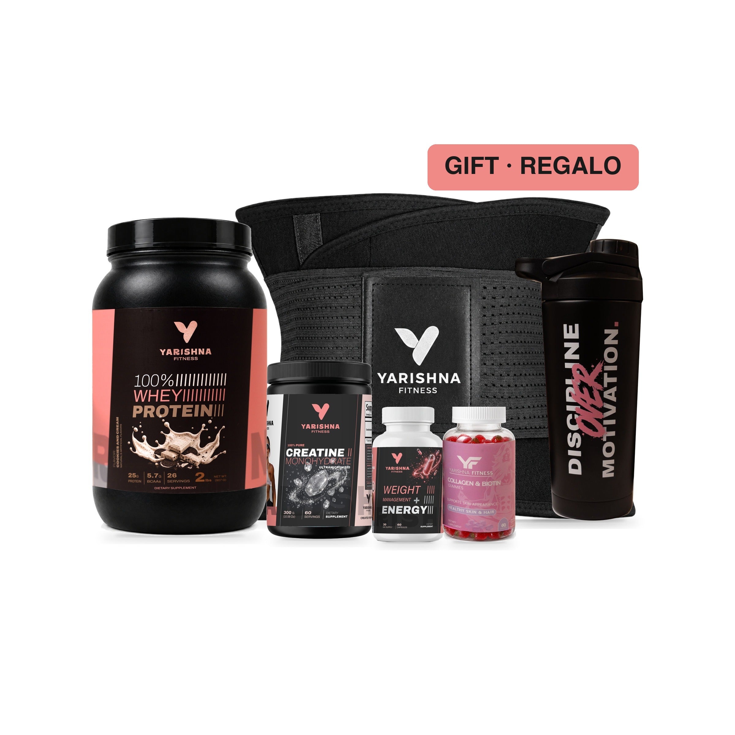 Super Combo with Cookies & Cream protein: 100% Whey Protein, 100% Creatine, Weight Management + Energy, Collagen & Biotin Gummies, the Yarishna Waist Trainer and the steel shaker