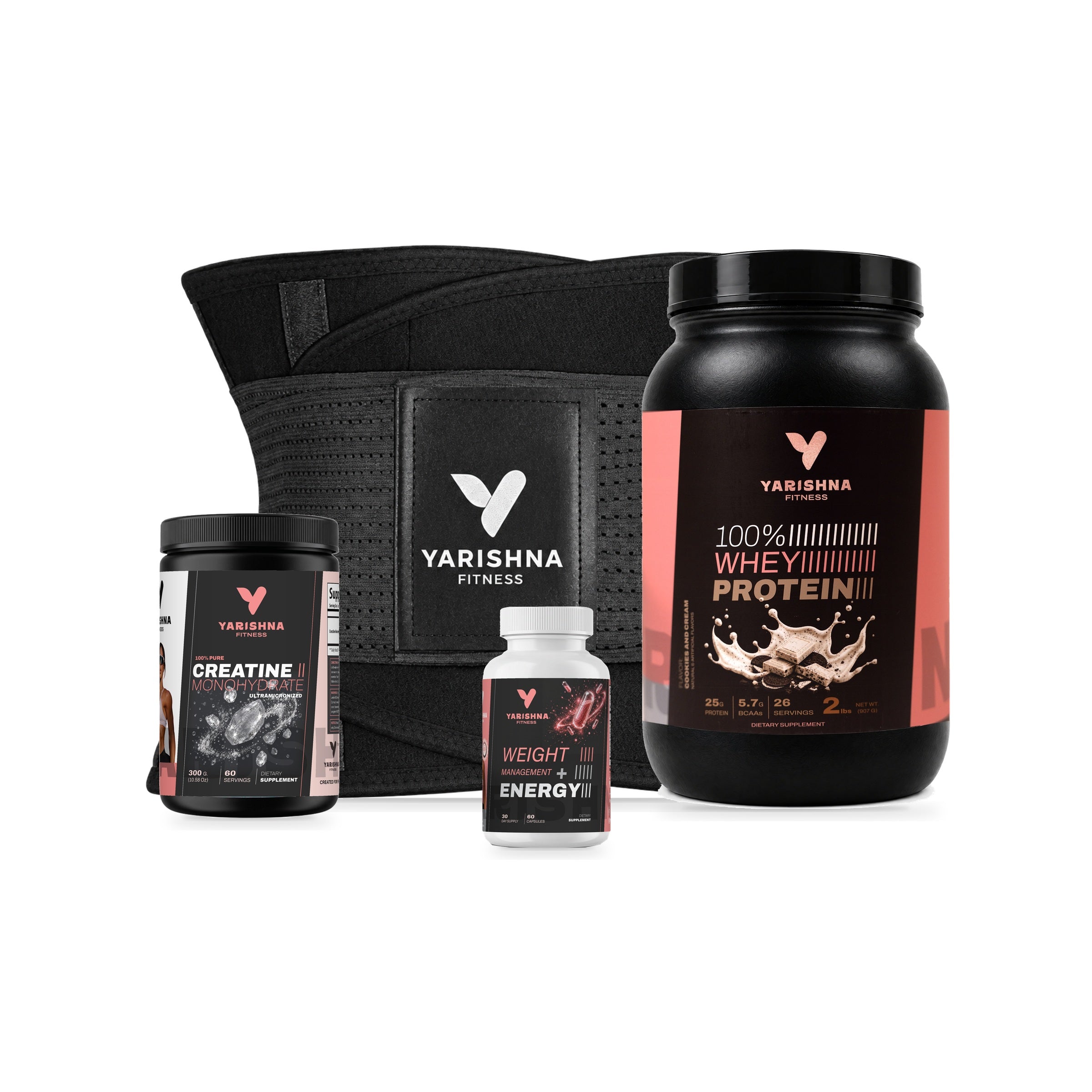 Total Transformation Bundle with Cookies & Cream protein: 100% Whey Protein, 100% Creatine, Weight Management + Energy and the Yarishna Waist Trainer