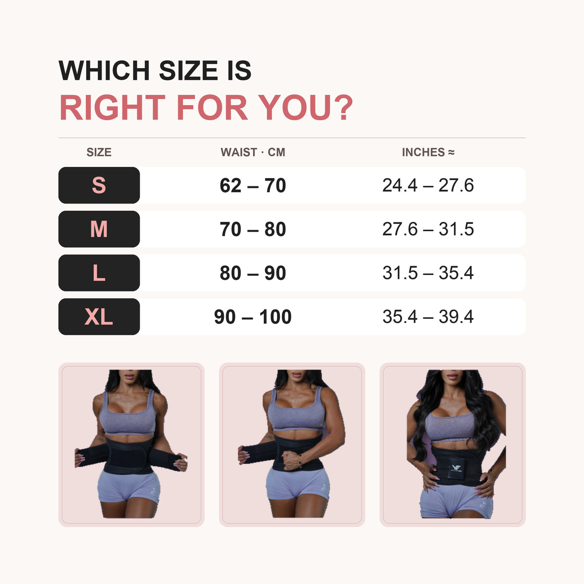 Yarishna Waist Trainer size chart: S 62–70 cm, M 70–80 cm, L 80–90 cm, XL 90–100 cm, and how to put it on