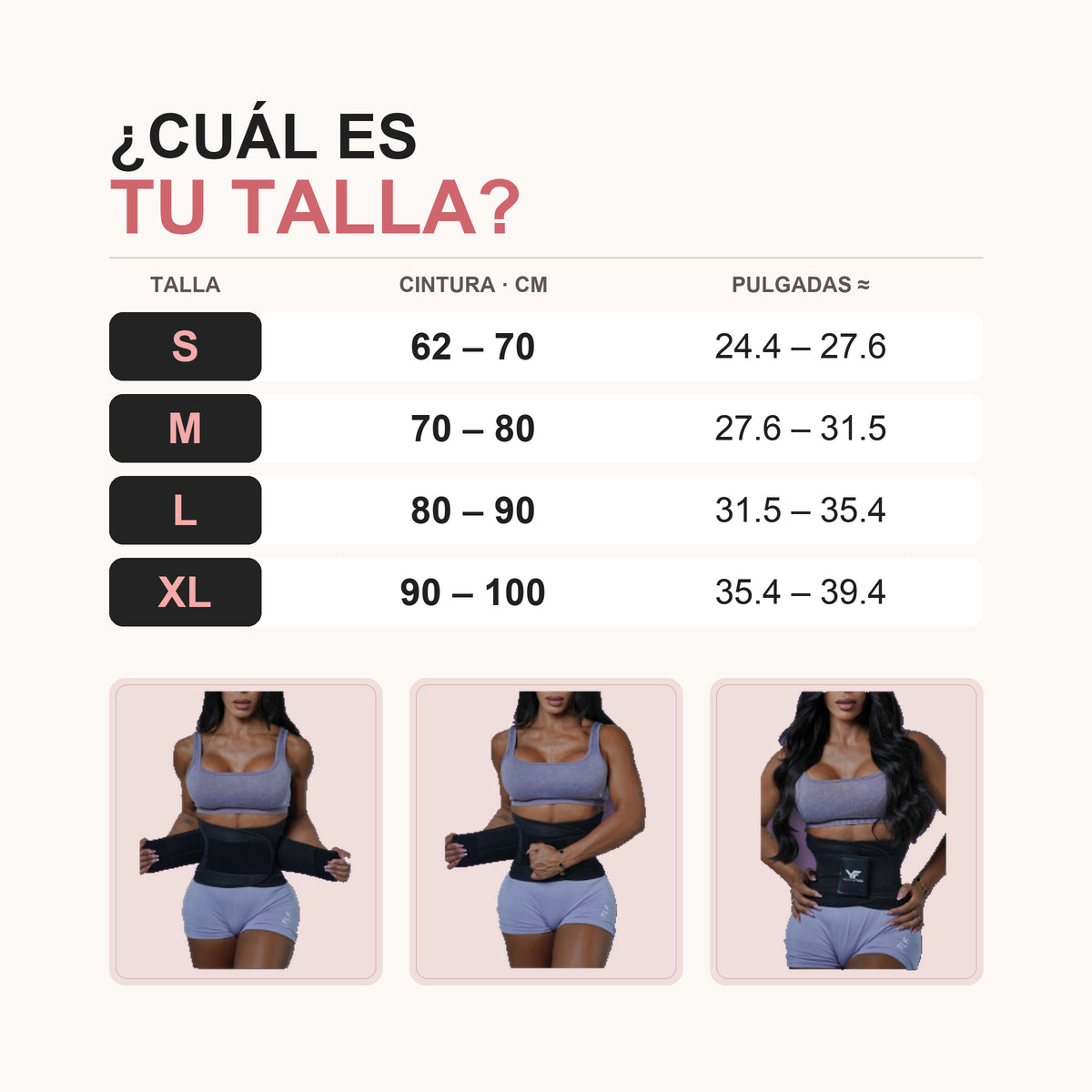 Tabla de tallas de la faja Yarishna Waist Trainer: S 62–70 cm, M 70–80 cm, L 80–90 cm, XL 90–100 cm, y cómo colocarla