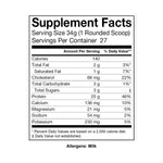 Supplement facts for 100% Whey Protein Vanilla Bean Cake: 25 g protein, 140 calories, 27 servings per container. Allergens: milk