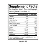 Supplement facts for 100% Whey Protein Vanilla Bean Cake: 25 g protein, 140 calories, 27 servings per container. Allergens: milk